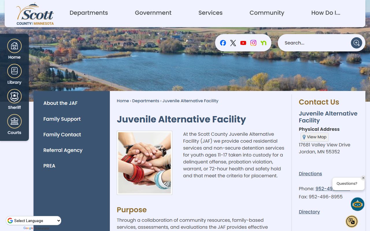 Scott County Juvenile Alternative Facility youth custody information page