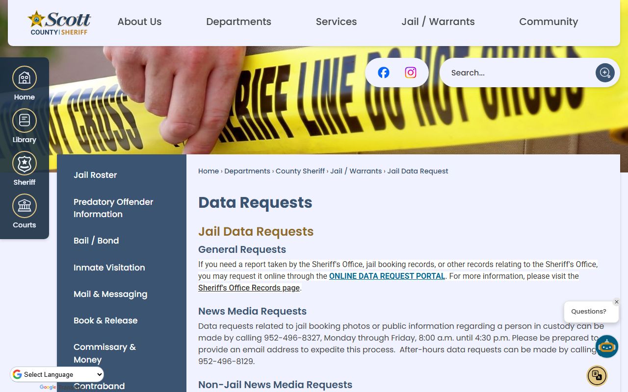 Scott County jail mugshots booking photo data request page