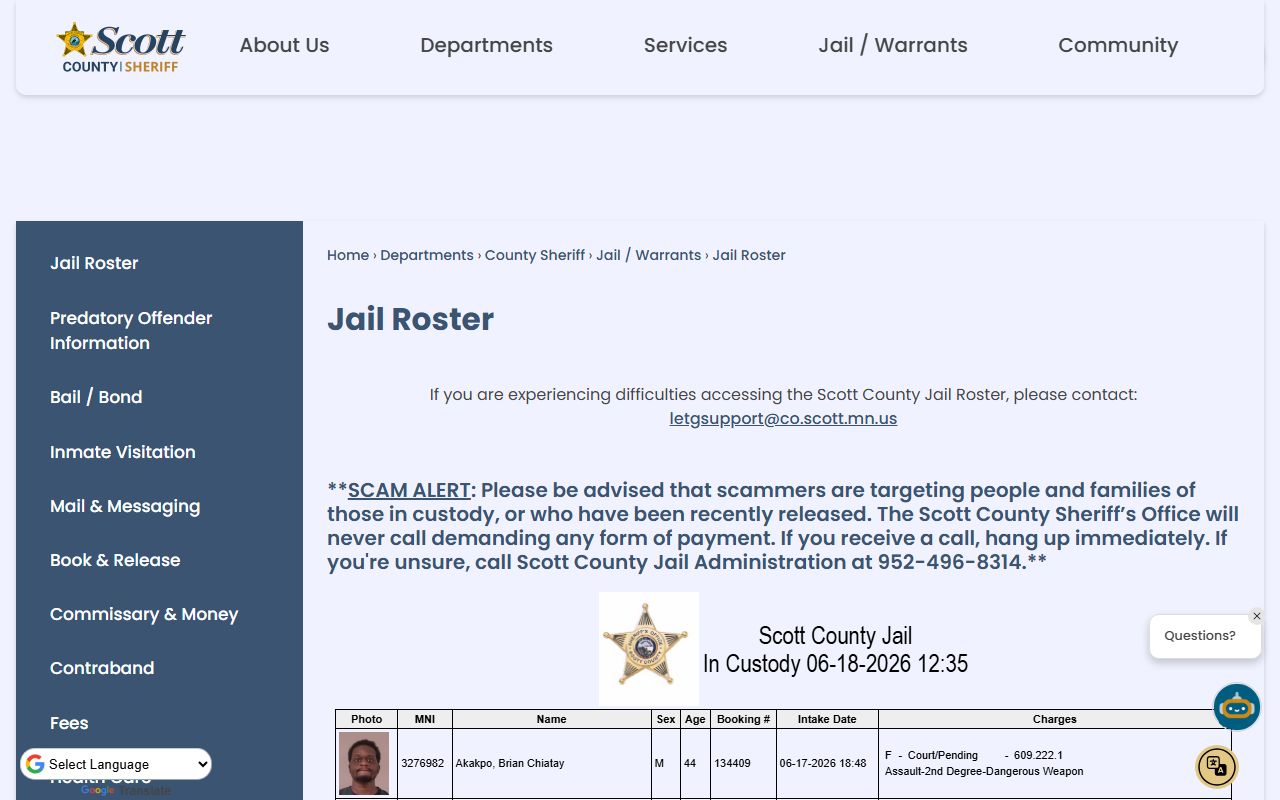 Scott County jail roster inmate search landing page