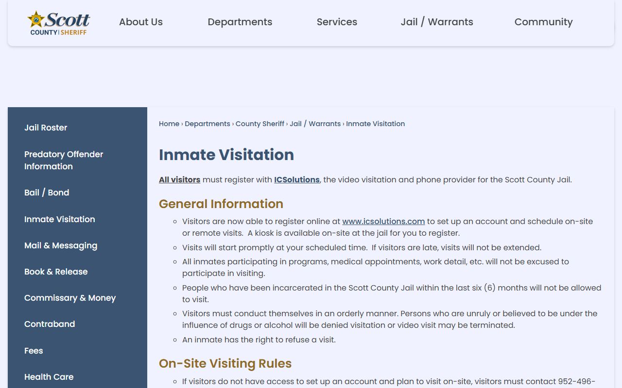 Scott County inmate records visitation schedule and rules